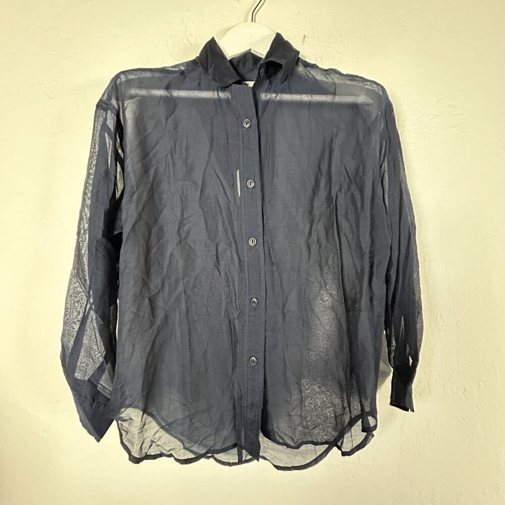 Rag & Bone Womens Navy Sheer Boyfriend Shirt XXS Button-Up Long Sleeve New $225